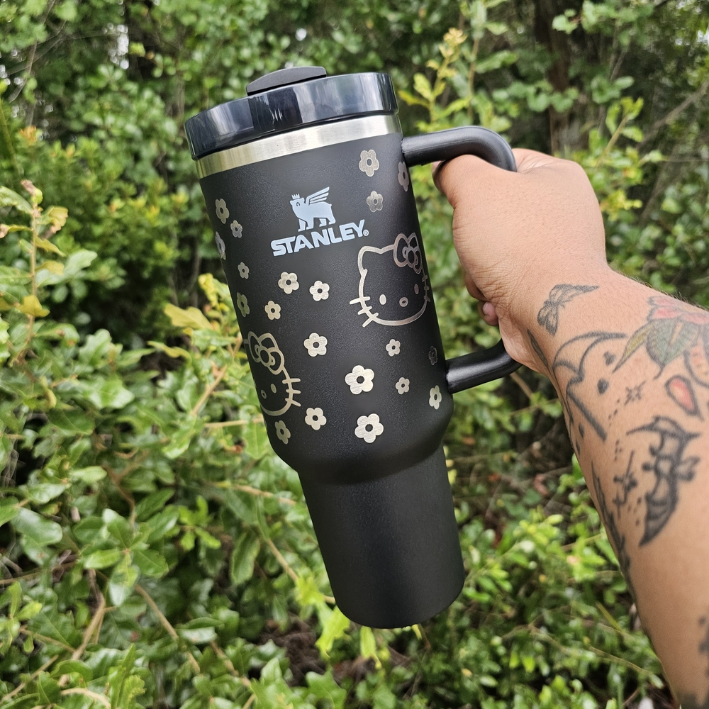 Black Engraved Stanley With Floral Hello Kitty
